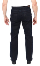 Load image into Gallery viewer, The new Midnight Jean in our Stretch Traditional Straight Cut Style has a traditional fit and tapered leg for a slimmer fit. Featuring a boot cut and a stone wash for just the right amount of style, these jeans stretch 2% in the waist, seat and thigh, allowing for maximum comfort. This classic jean has a rise that is tailored to better fit your body, cutting out excess fabric hanging from the back seat and giving you better quality of comfort. Made from 12.5 oz. denim, 98% cotton and 2% stretch.