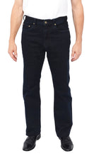Load image into Gallery viewer, The new Midnight Jean in our Stretch Traditional Straight Cut Style has a traditional fit and tapered leg for a slimmer fit. Featuring a boot cut and a stone wash for just the right amount of style, these jeans stretch 2% in the waist, seat and thigh, allowing for maximum comfort. This classic jean has a rise that is tailored to better fit your body, cutting out excess fabric hanging from the back seat and giving you better quality of comfort. Made from 12.5 oz. denim, 98% cotton and 2% stretch.