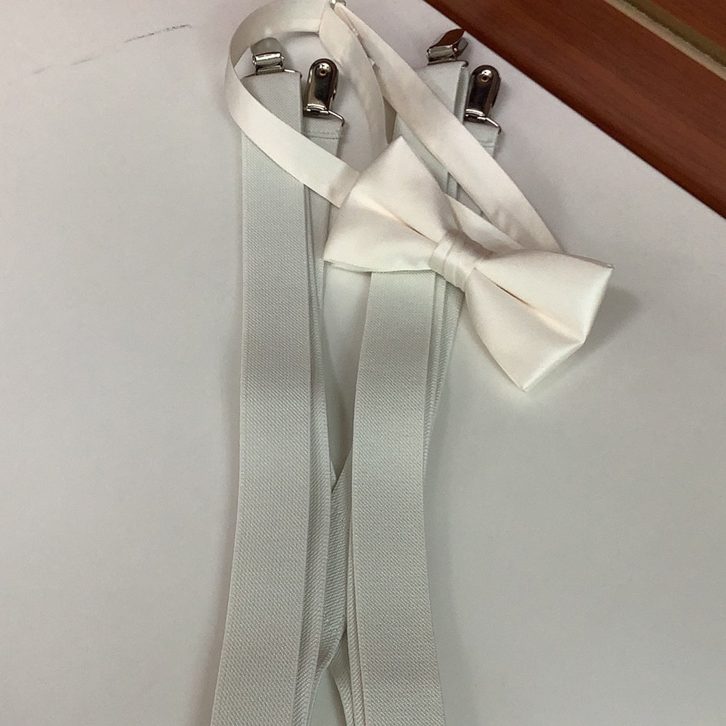 Young Mens Ivory Suspenders/Bow Tie