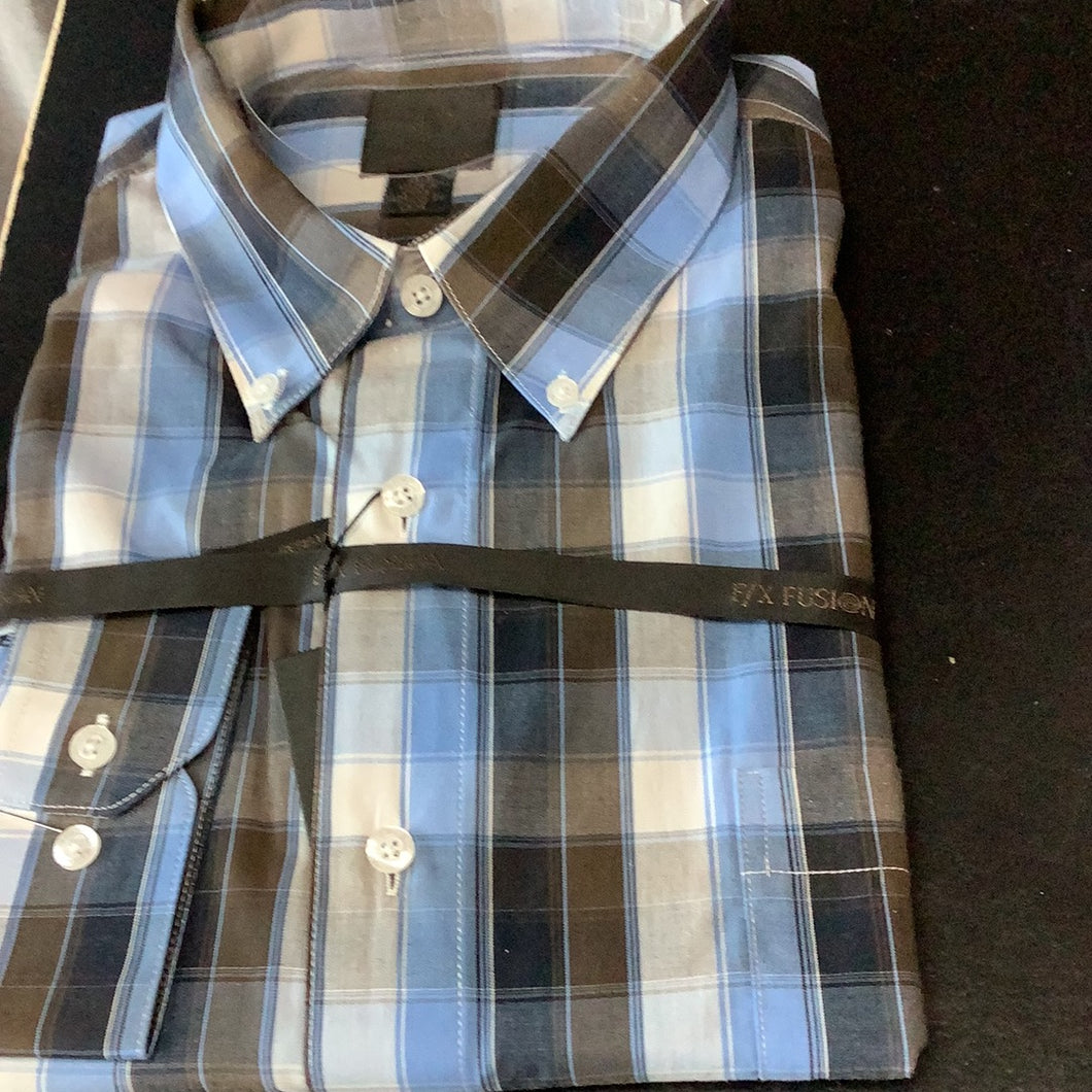 FX Fusion Blue/Brown Plaid Long Sleeve Sport Shirt
