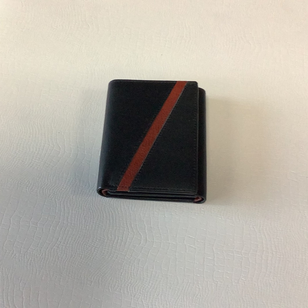 Frederico Leone Black With Brown Stripe Tri Fold Wallet