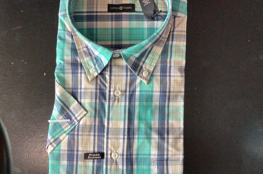 Big & Tall -  Cotton Traders Aqua Plaid Short Sleeve Sport Shirt